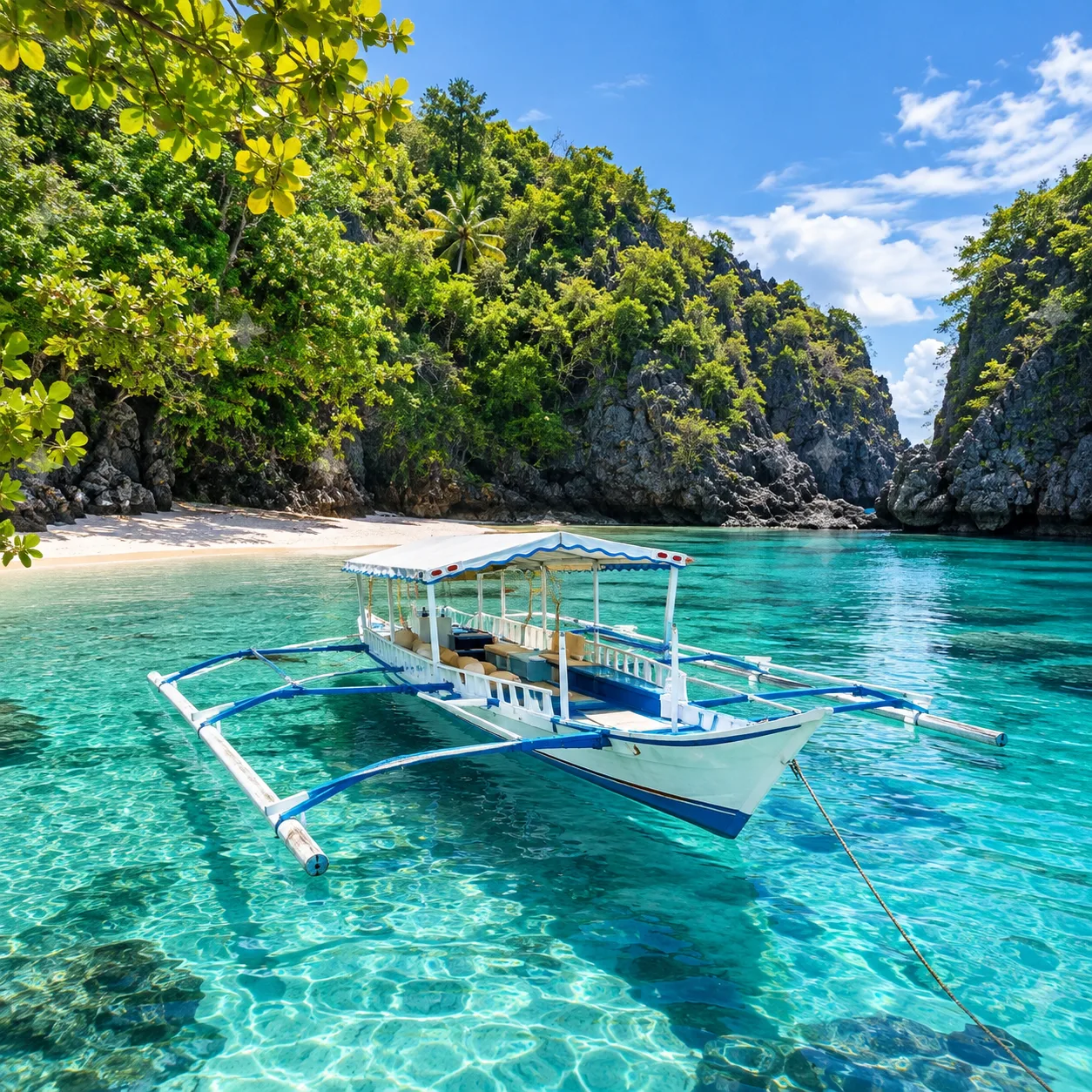 Traditional Philippine outrigger boat in a quiet coastal cove in Bataan, Philippines.